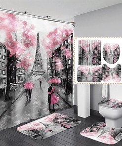 Paris Eiffel Tower Pink Shower Curtain And Bath Mat Set For Romantic Bathroom Decor
