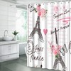Paris Eiffel Tower Shower Curtain with Valentine's Day Pink Flowers Butterfly Bonjour Romantic French European City