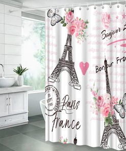 Paris Eiffel Tower Shower Curtain with Valentine's Day Pink Flowers Butterfly Bonjour Romantic French European City
