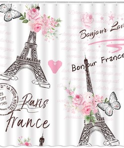 Paris Eiffel Tower Shower Curtain with Valentine's Day Pink Flowers Butterfly Bonjour Romantic French European City
