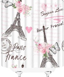 Paris Eiffel Tower Shower Curtain with Valentine's Day Pink Flowers Butterfly Bonjour Romantic French European City