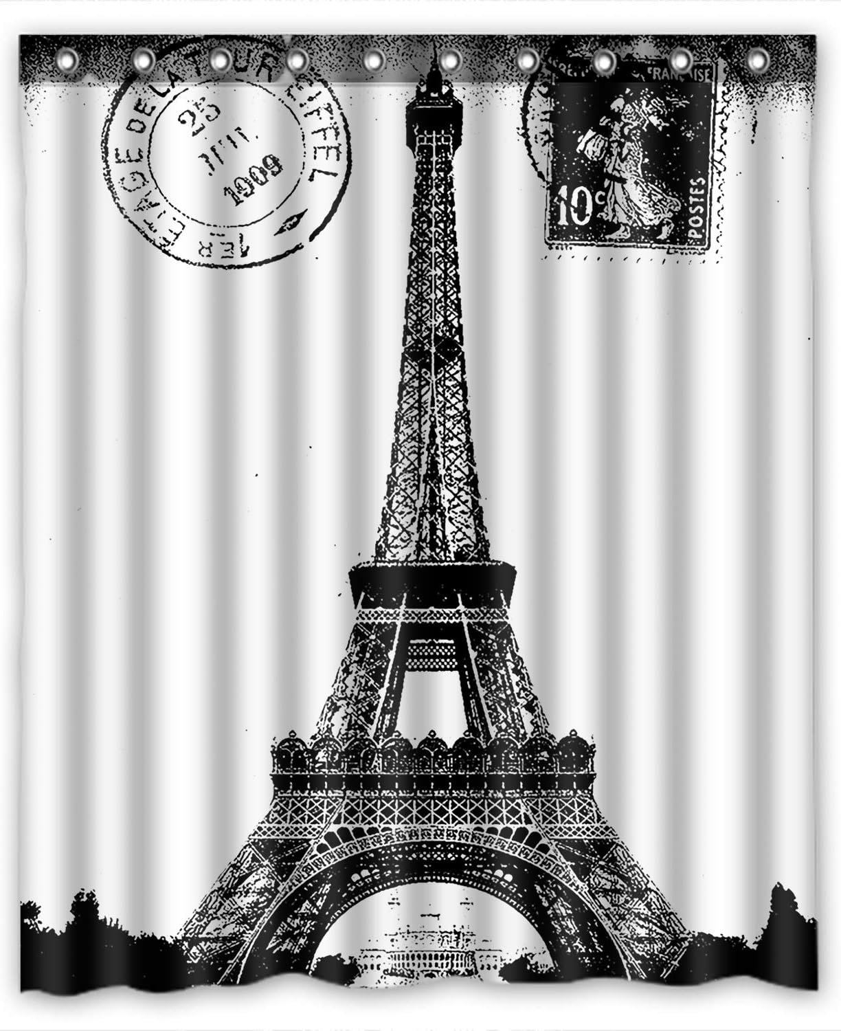 Paris Eiffel Tower Vintage Bathroom Shower Curtain, City of Love in Black and White