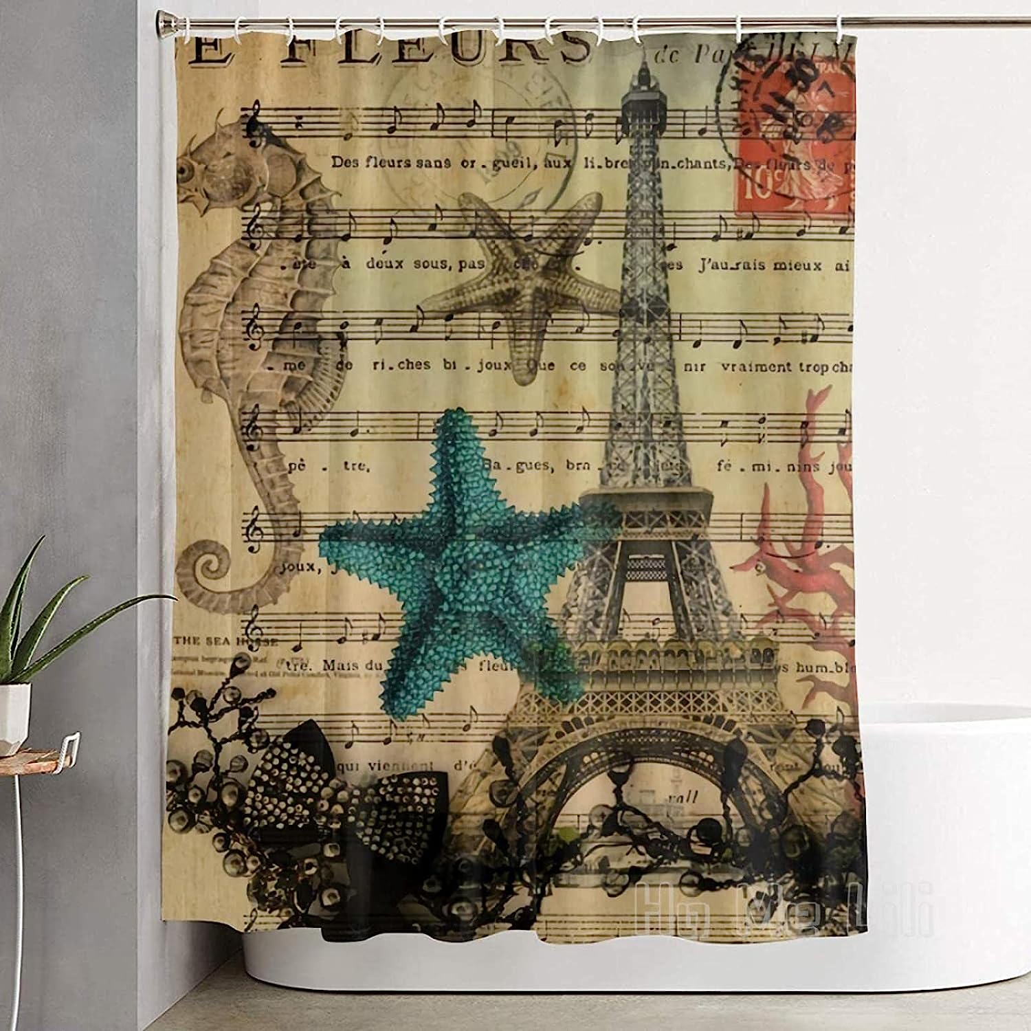 Paris Eiffel Tower and Sea Creatures Waterproof Shower Curtain for Your Chic Bathroom