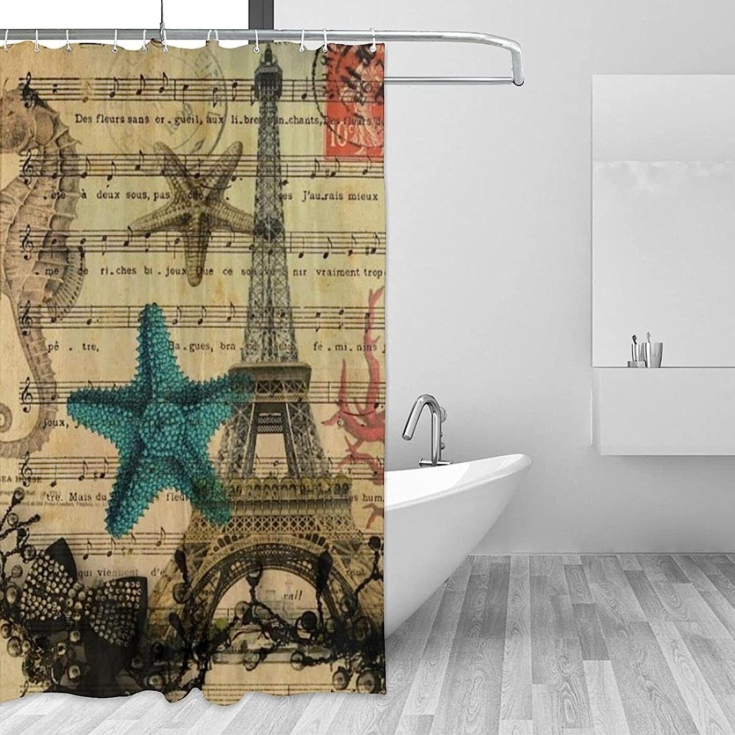 Paris Eiffel Tower and Sea Creatures Waterproof Shower Curtain for Your Chic Bathroom