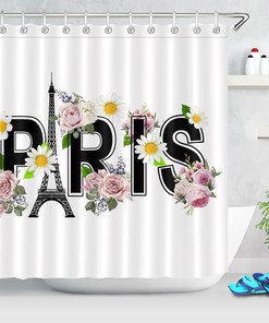 Paris Flowers Eiffel Tower Shower Curtain with Romantic Theme, Great Decoration for Your Bathroom