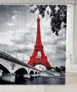 Paris Theme 3D Printed Shower Curtain, Red Eiffel Tower Cityscape Design
