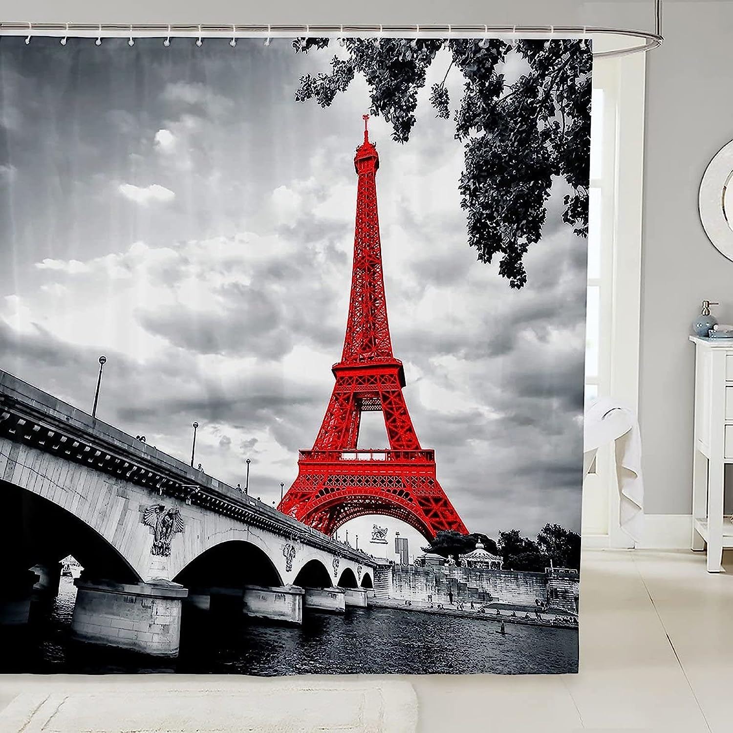 Paris Theme 3D Printed Shower Curtain, Red Eiffel Tower Cityscape Design