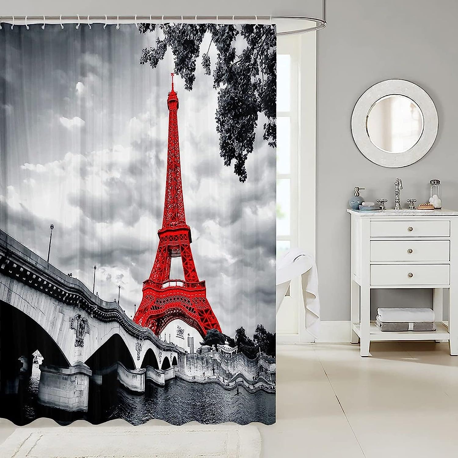 Paris Theme 3D Printed Shower Curtain, Red Eiffel Tower Cityscape Design - Image 2