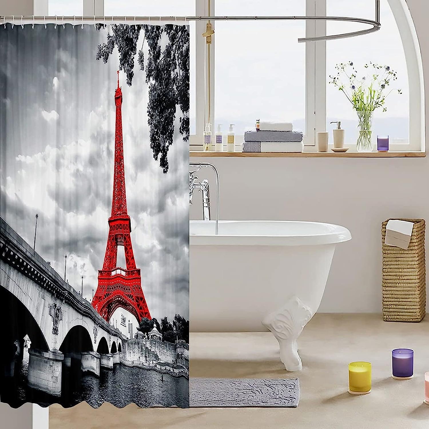 Paris Theme 3D Printed Shower Curtain, Red Eiffel Tower Cityscape Design - Image 3