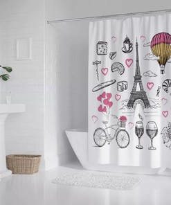 Paris Theme Shower Curtain with C-shaped Hooks for Bath and Waterproof Use