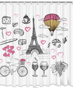 Paris Theme Shower Curtain with C-shaped Hooks for Bath and Waterproof Use