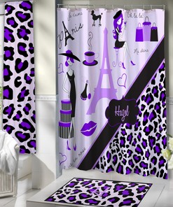 Paris Themed Purple Shower Curtain, Eiffel Tower Cheetah Print Bathroom Decor, Personalized with Quotes #148