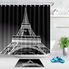 Parisian Black And White Shower Curtain With Eiffel Tower Prints Featuring Cute Hooks - Waterproof Fabric