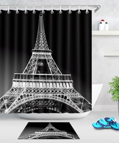 Parisian Black And White Shower Curtain With Eiffel Tower Prints Featuring Cute Hooks - Waterproof Fabric