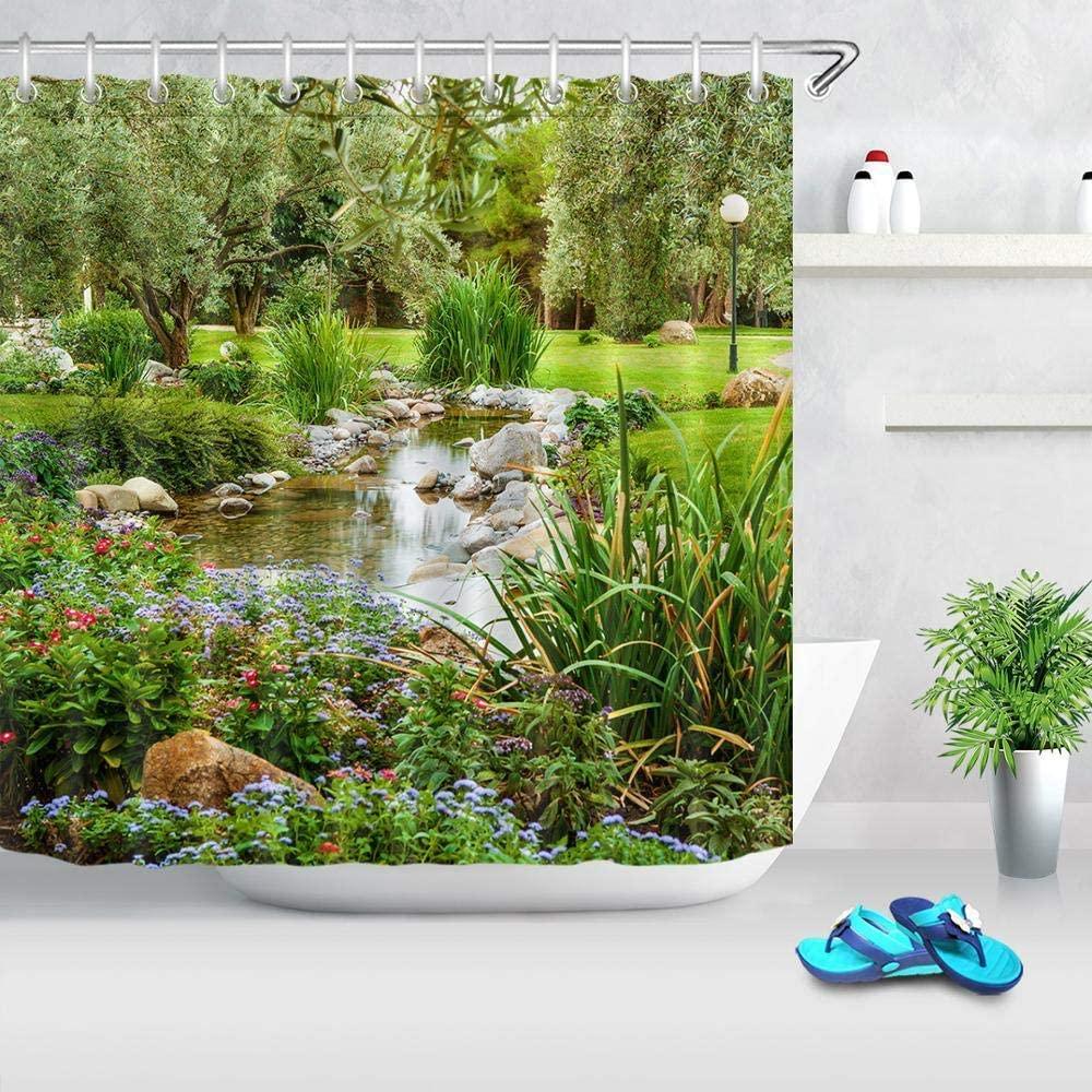 Park and Garden Landscape Shower Curtain with Trees, Flowers and Pond, Nature Themed Bathroom Decor in Waterproof Fabric