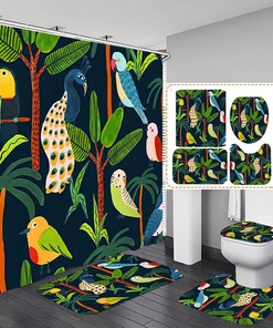Parrot And Peacock Waterproof Shower Curtain With Coconut Tree For Beach/Bathroom Decor