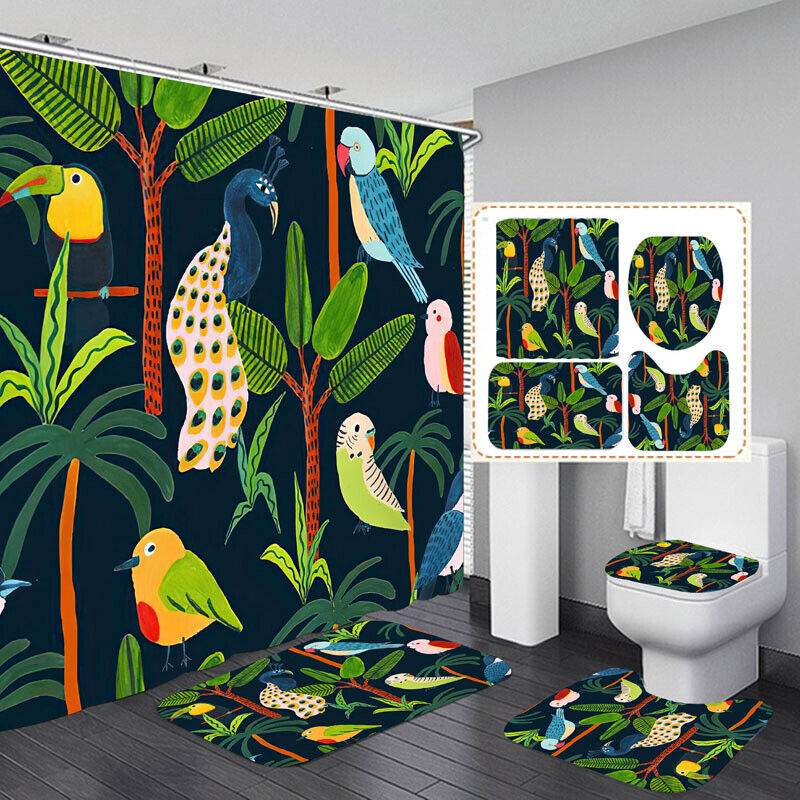 Parrot And Peacock Waterproof Shower Curtain With Coconut Tree For Beach/Bathroom Decor