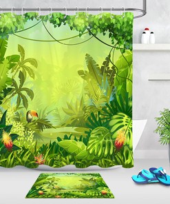 Parrot Paradise: Vibrant Green Leaves with Parrot Print Shower Curtain 