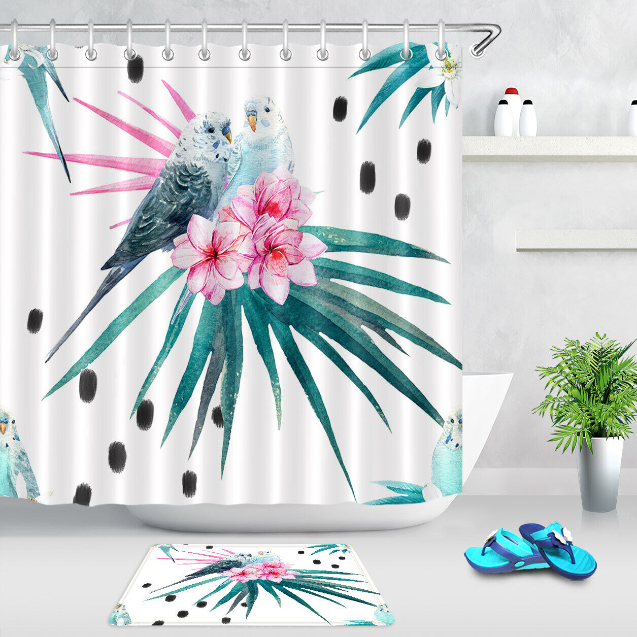 Parrots Watercolor Tropical Leaf Flower Shower Curtain for Bathroom