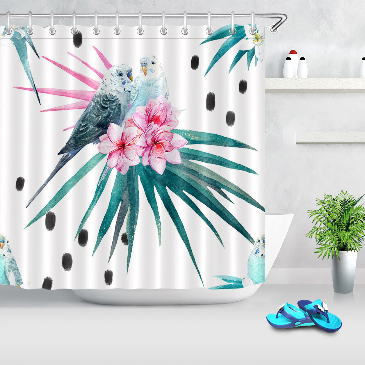 Parrots Watercolor Tropical Leaf Flower Shower Curtain for Bathroom