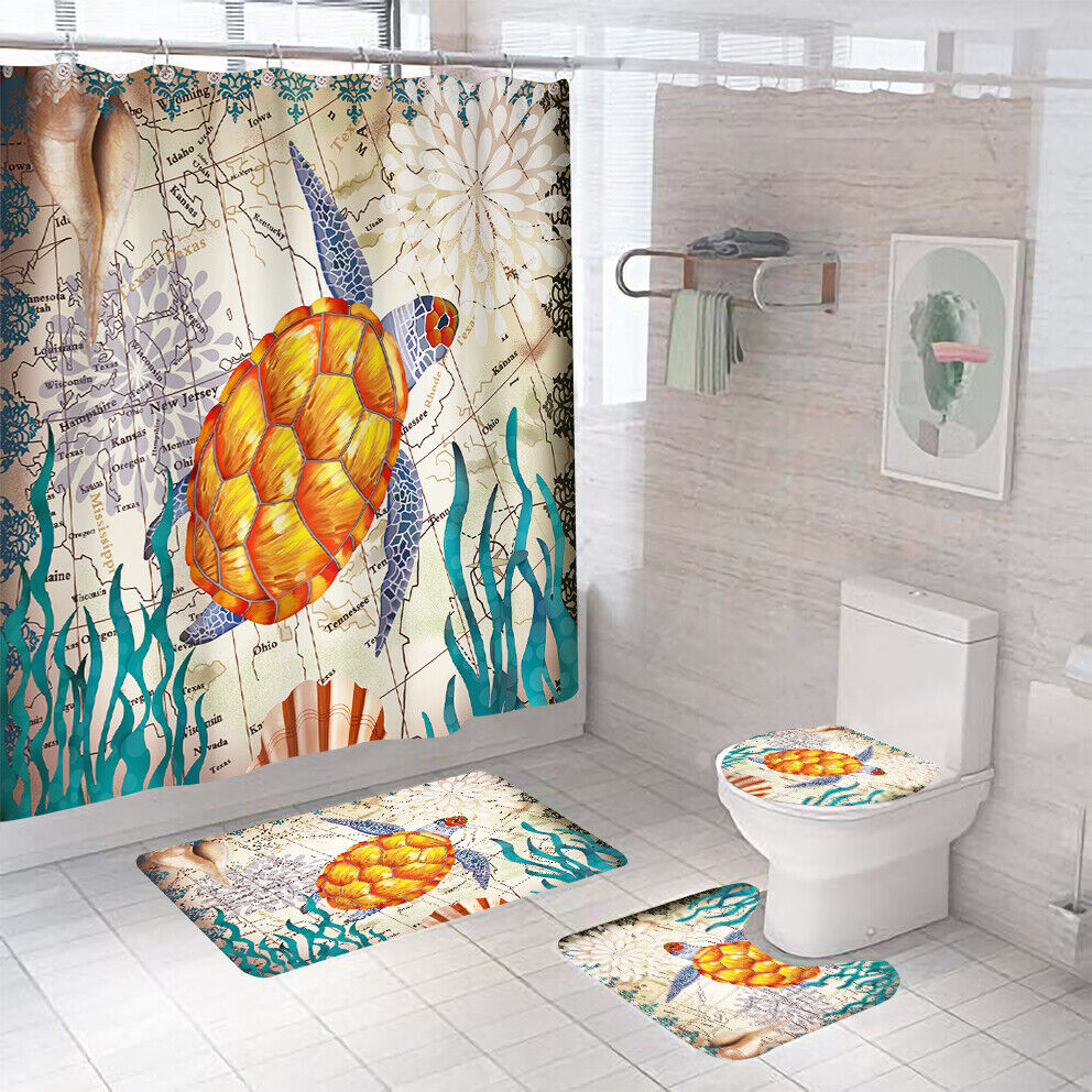 Pastel Baby Sea Turtle Print Shower Curtain Waterproof Fabric for Cute Bathroom Decor