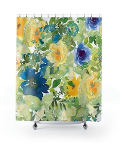 Pastel Boho Shower Curtain In Sage Green, Yellow, And Blue For Chic Bathroom Decor