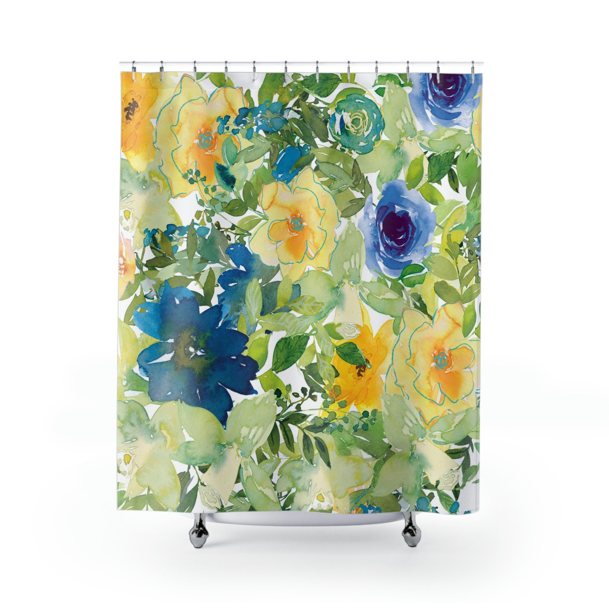 Pastel Boho Shower Curtain In Sage Green, Yellow, And Blue For Chic Bathroom Decor