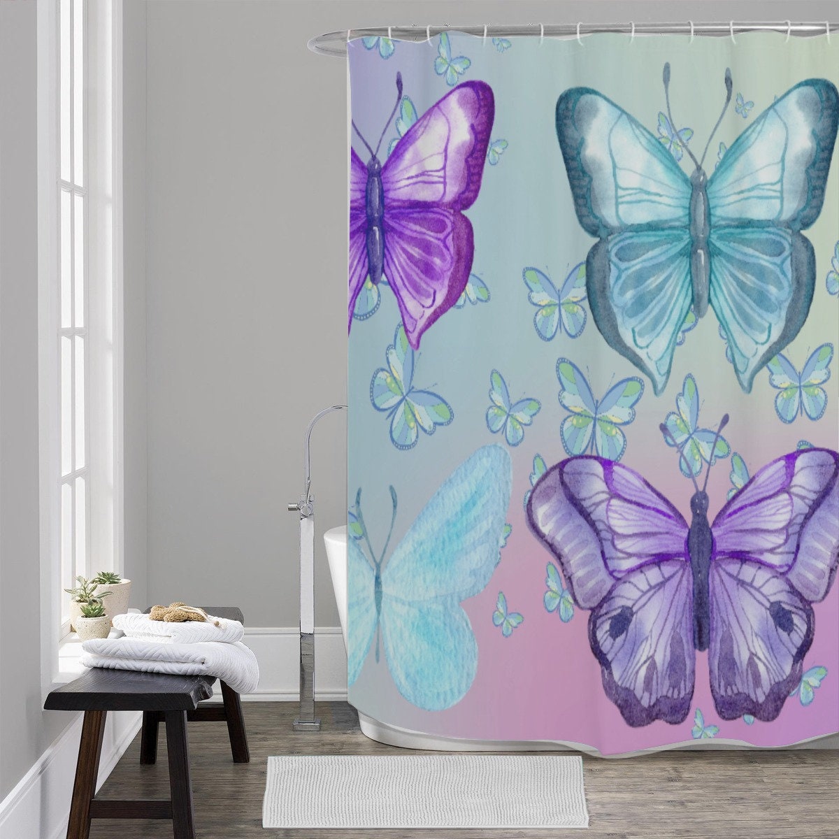 Pastel Butterflies Shower Curtain with a Beautiful Gradient Design