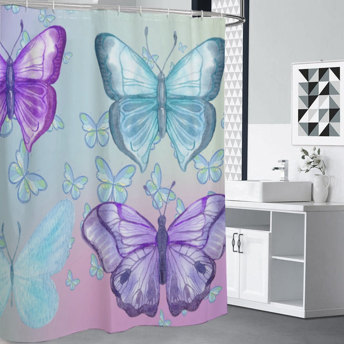 Pastel Butterflies Shower Curtain with a Beautiful Gradient Design
