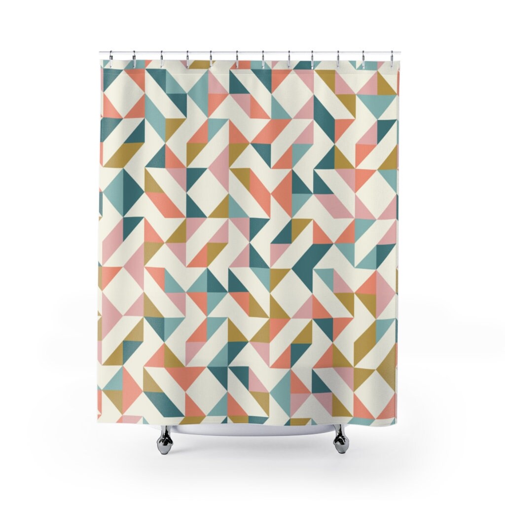 Pastel Color Geometric Pattern Design Boho Shower Curtain For Housewarming Or Birthday Gift