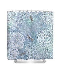 Pastel Dragonfly Floral Blue And White Bathroom Shower Curtain