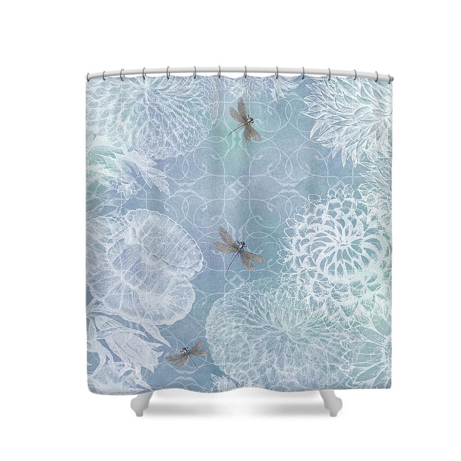 Pastel Dragonfly Floral Blue And White Bathroom Shower Curtain