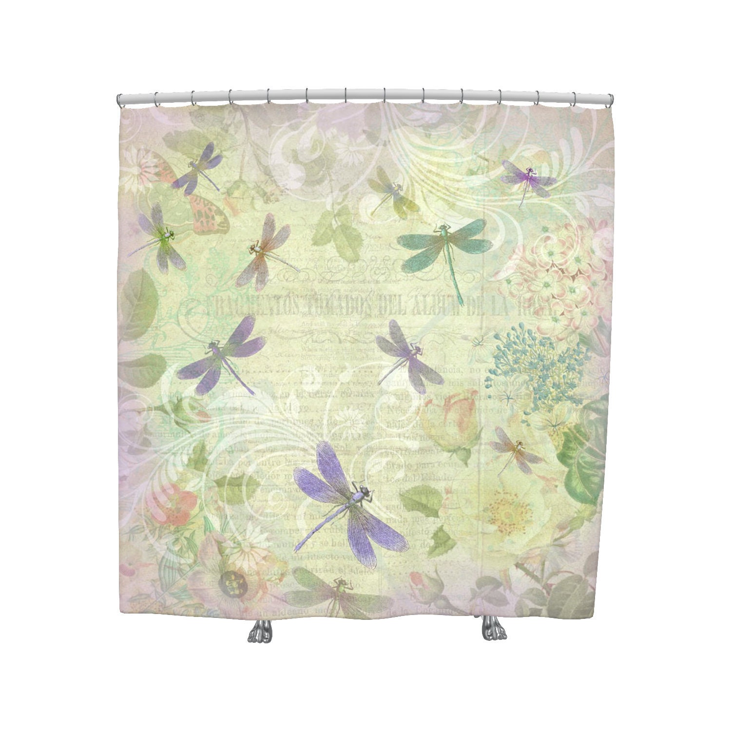 Pastel Dragonfly Shower Curtain With Botanical And Spring Design