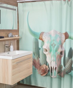 Pastel Green Boho Steer Skull Shower Curtain, Southwest Cow Skull, Animal Nature Print, Bathroom Refresh Gifts