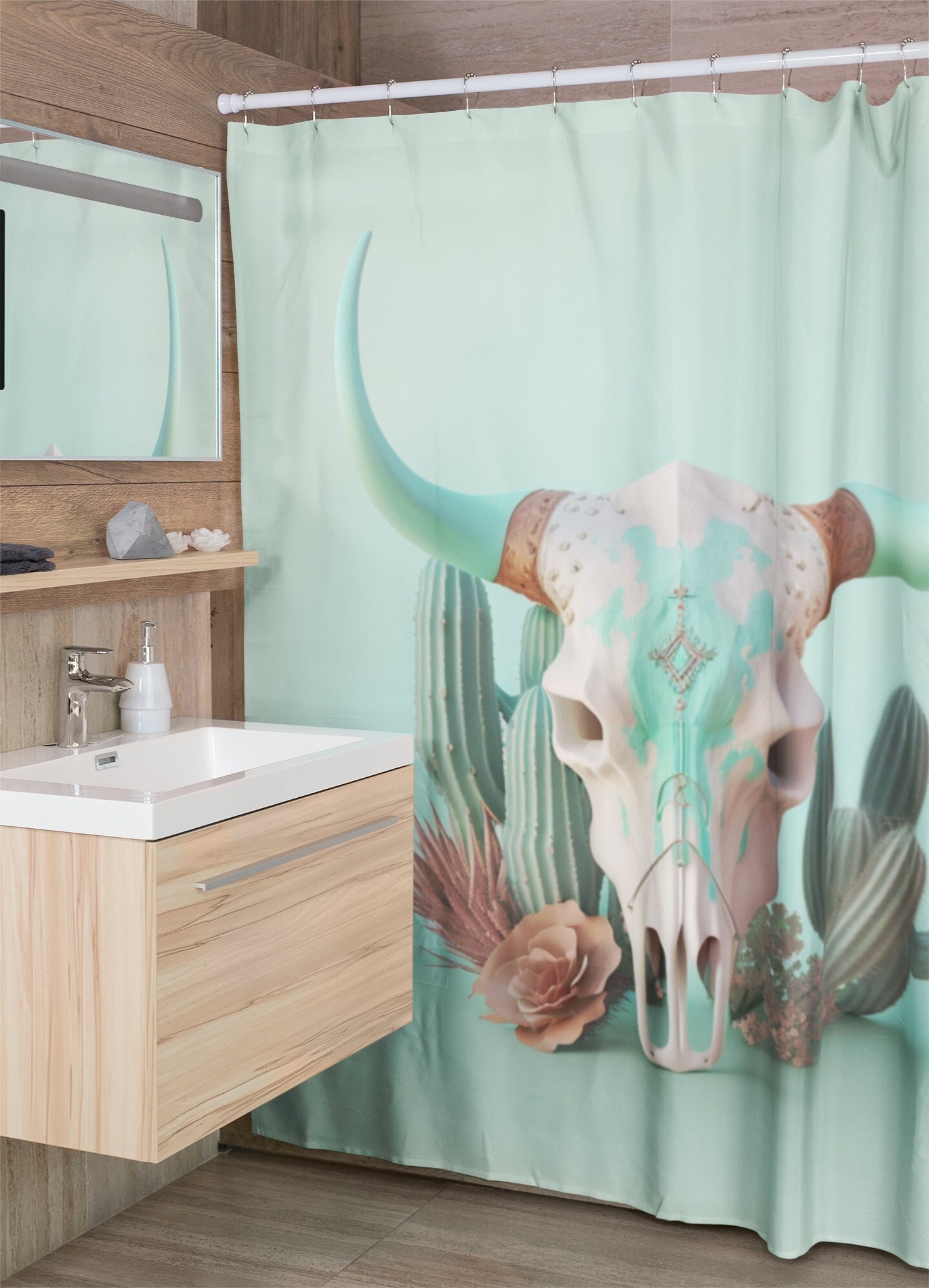 Pastel Green Boho Steer Skull Shower Curtain, Southwest Cow Skull, Animal Nature Print, Bathroom Refresh Gifts
