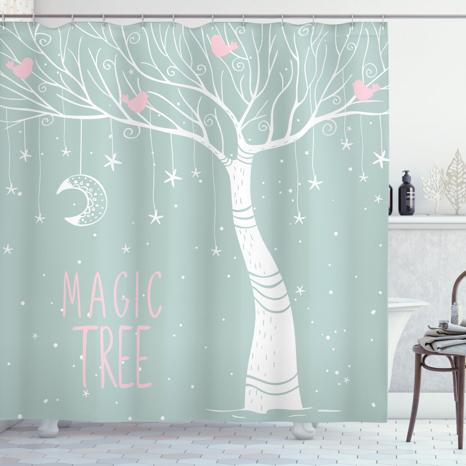 Pastel Moon And Star Printed Shower Curtain: Stylish Bath Accessory