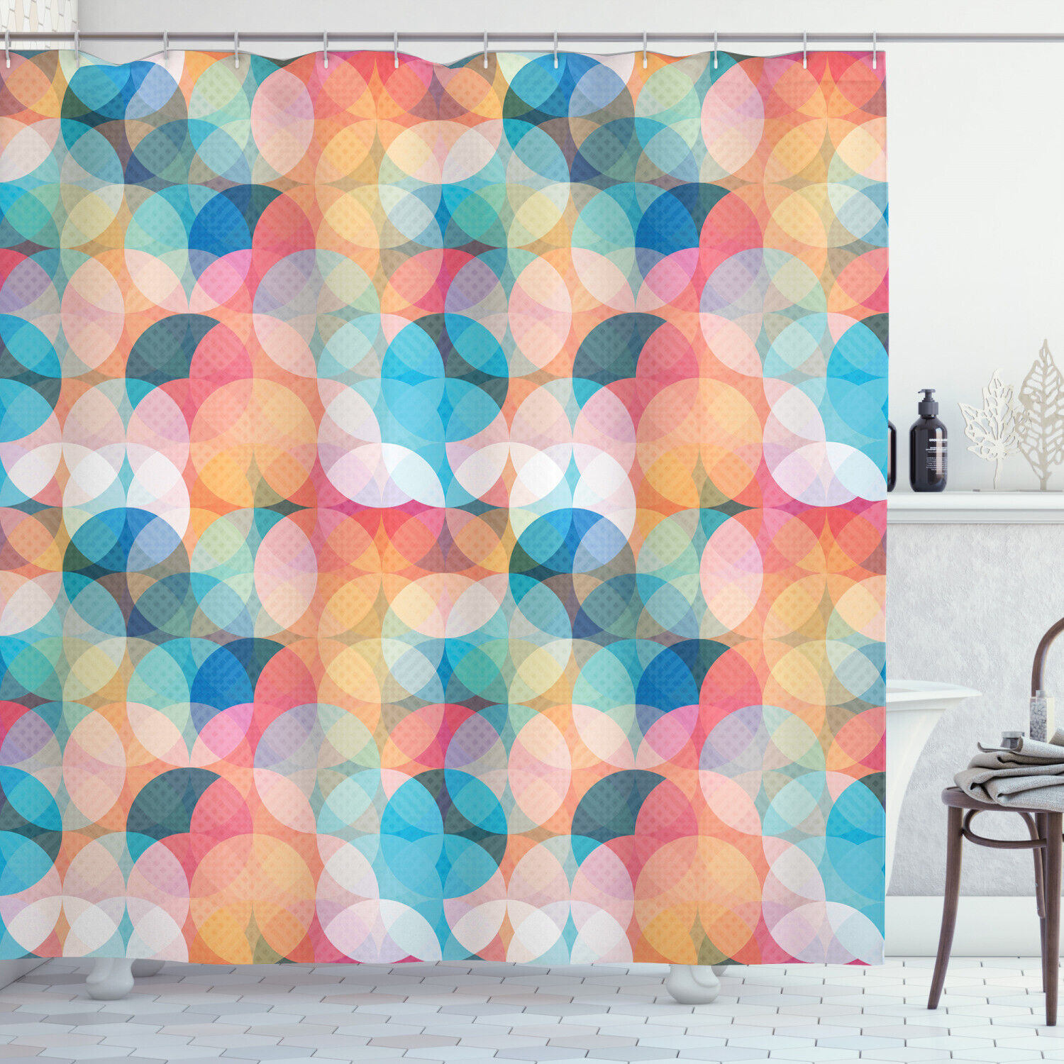 Pastel Mosaic Circles Geometric Pattern Shower Curtain For Modern Bathroom Decor