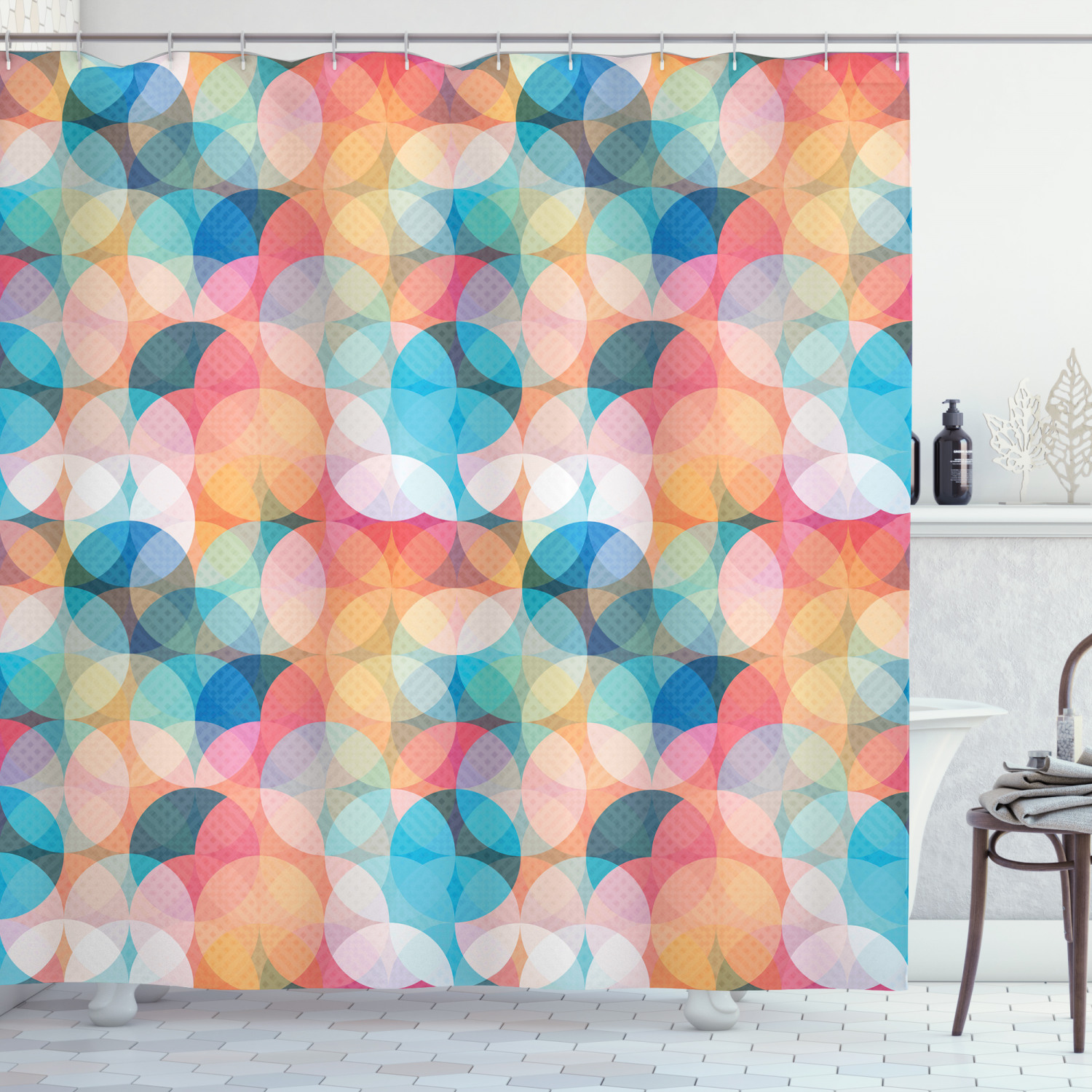 Pastel Mosaic Circles Geometric Pattern Shower Curtain For Modern Bathroom Decor