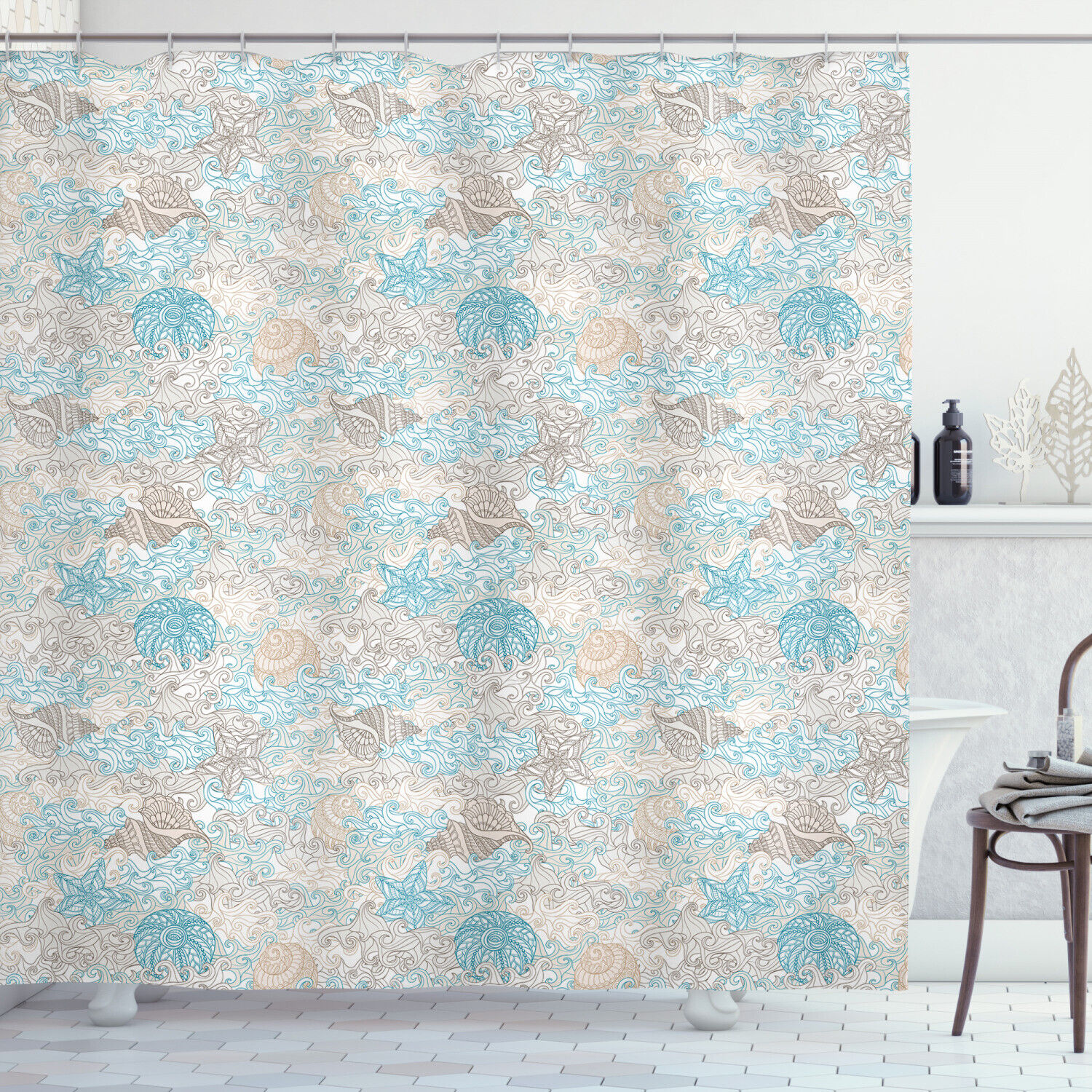 Pastel Nautical Shower Curtain with Toned Seashells Print - Perfect Addition to Your Bathroom Decor