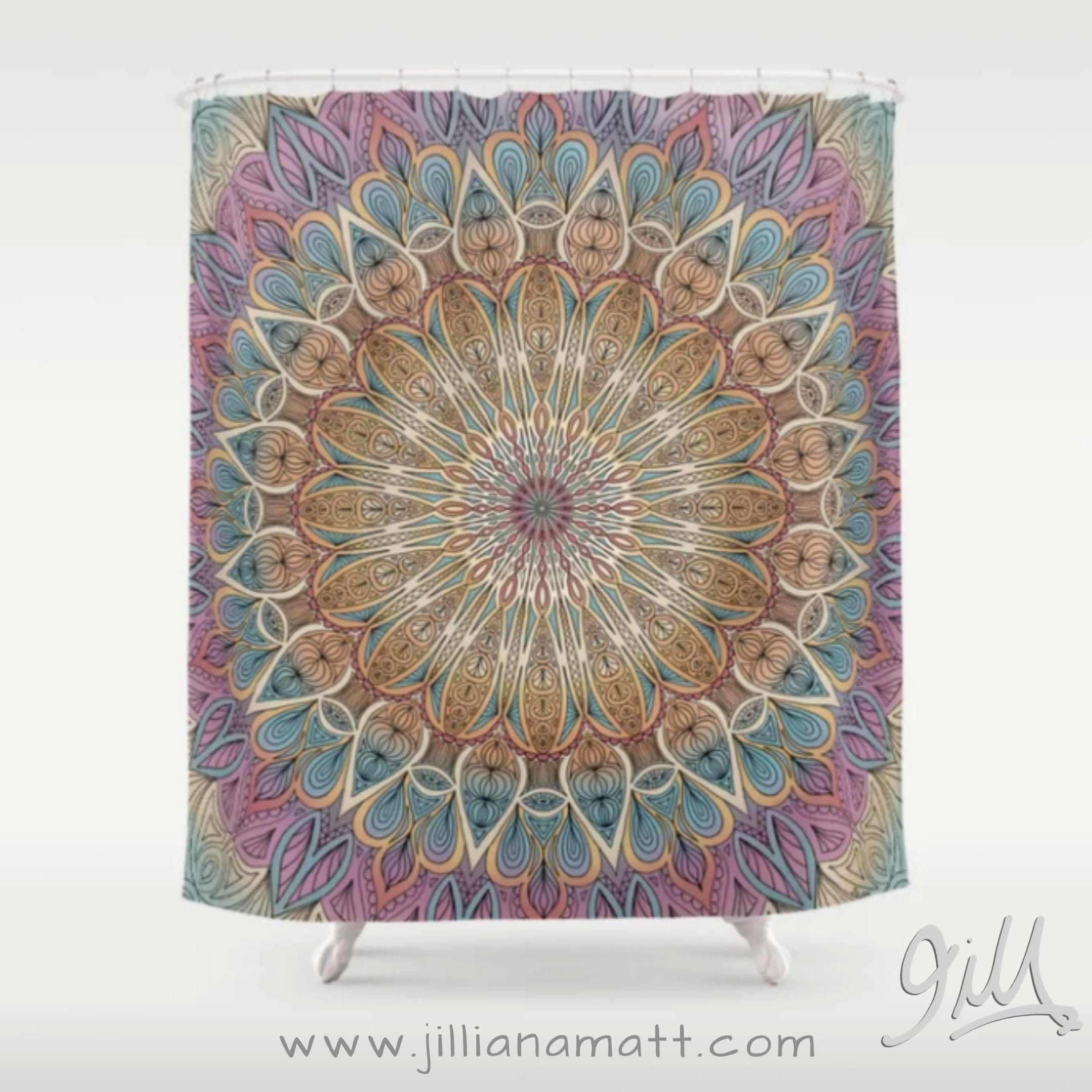 Pastel Neutral Colours Geometric Mandala Design Shower Curtain for Bohemian Bath Decor