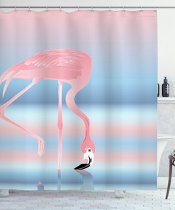 Pastel Romantic Art Print Shower Curtain with Illustration of Flamingo in Lake by Ikfashoni 