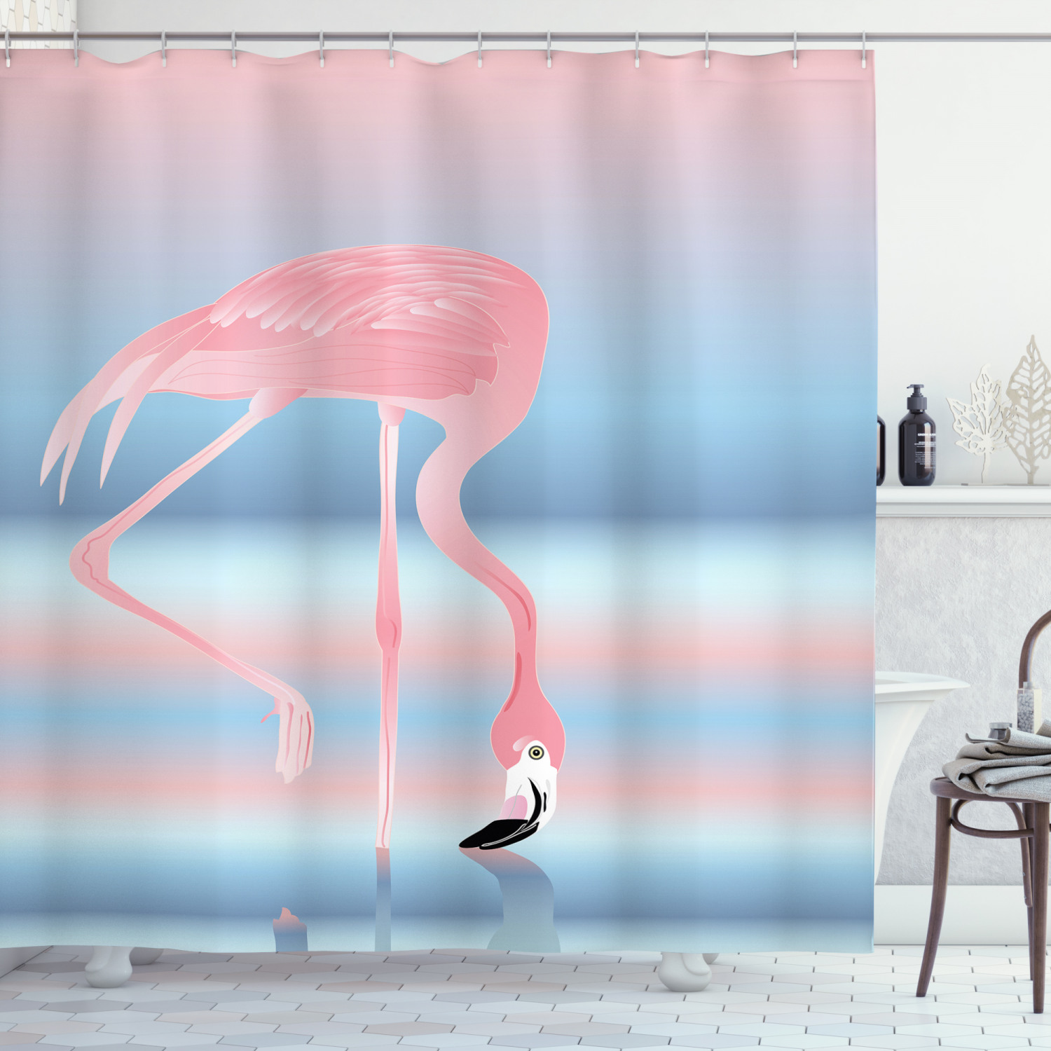 Pastel Romantic Art Print Shower Curtain with Illustration of Flamingo in Lake by Ikfashoni