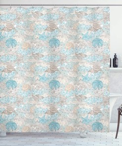 Pastel Toned Sea Shell Starfish Mollusk Seahorse Coral Reef Motif Design Nautical Shower Curtain