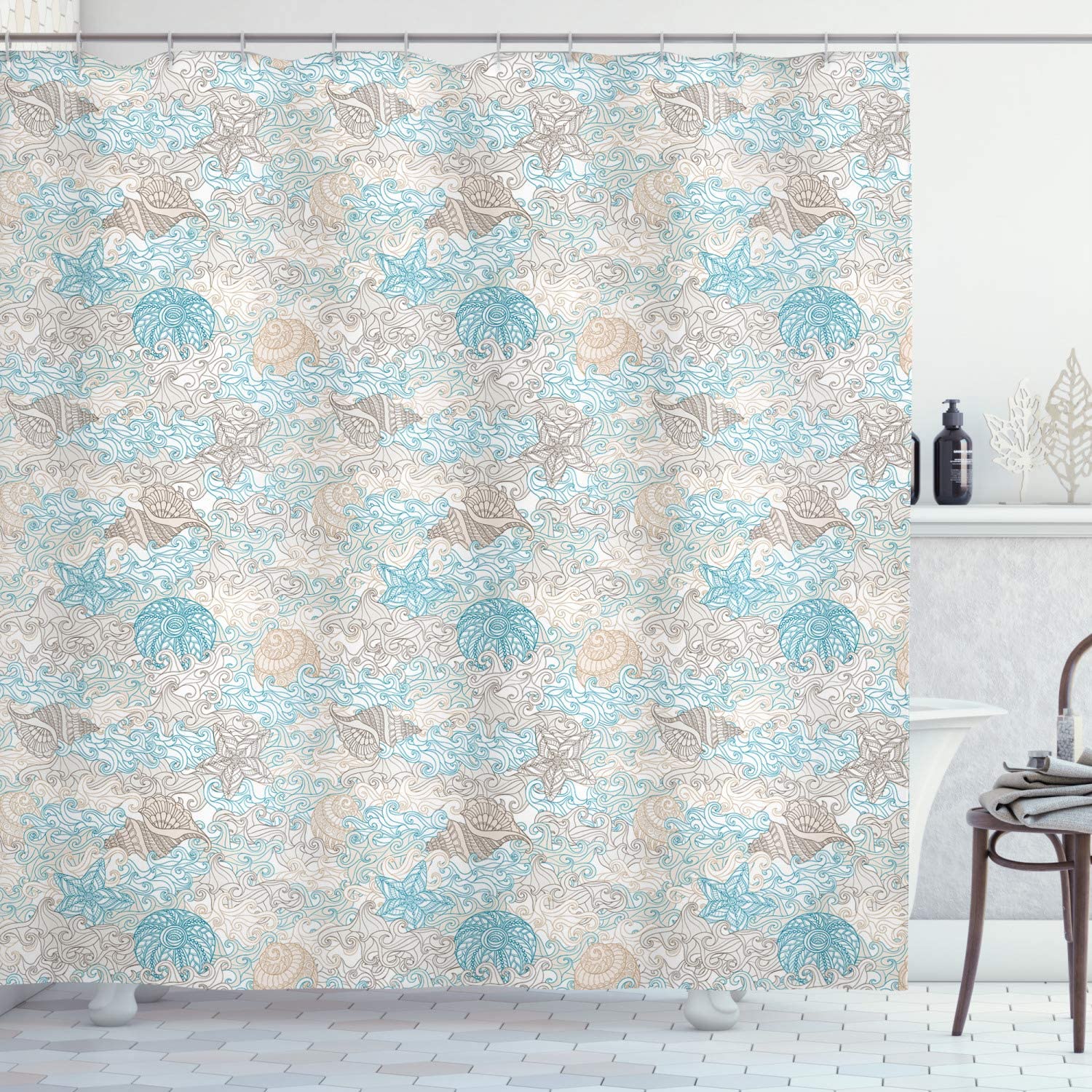 Pastel Toned Sea Shell Starfish Mollusk Seahorse Coral Reef Motif Design Nautical Shower Curtain