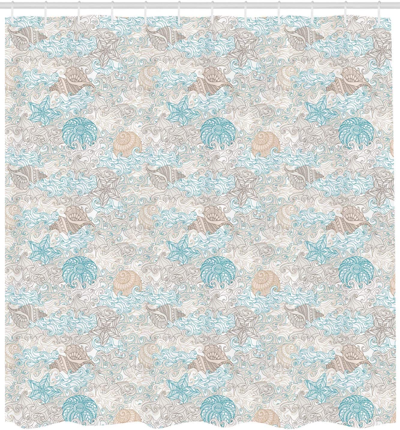 Pastel Toned Sea Shell Starfish Mollusk Seahorse Coral Reef Motif Design Nautical Shower Curtain - Image 2