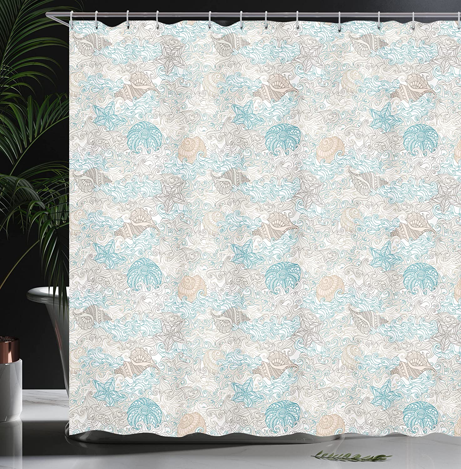 Pastel Toned Sea Shell Starfish Mollusk Seahorse Coral Reef Motif Design Nautical Shower Curtain - Image 3