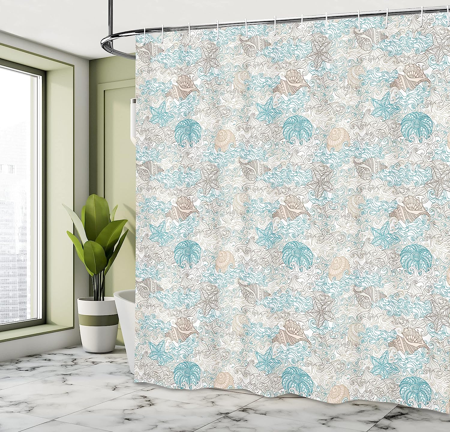 Pastel Toned Sea Shell Starfish Mollusk Seahorse Coral Reef Motif Design Nautical Shower Curtain - Image 4