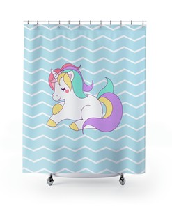 Pastel Unicorn On Light Blue Chevron Background Shower Curtain For Whimsical Bathroom Decor