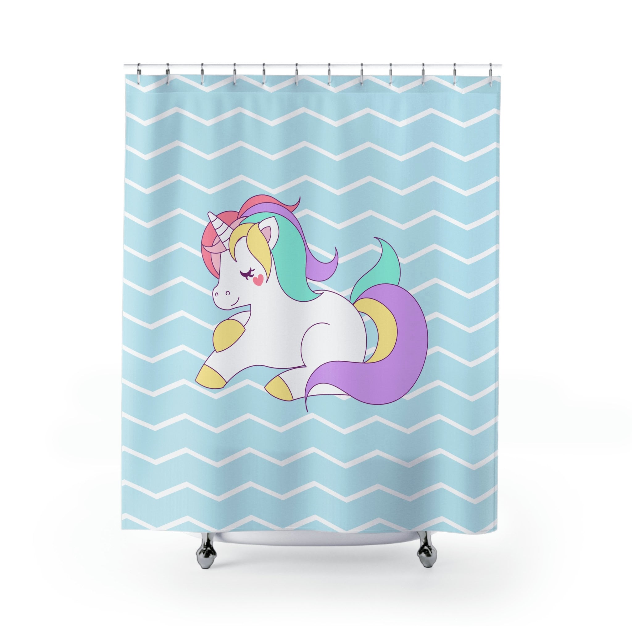 Pastel Unicorn On Light Blue Chevron Background Shower Curtain For Whimsical Bathroom Decor