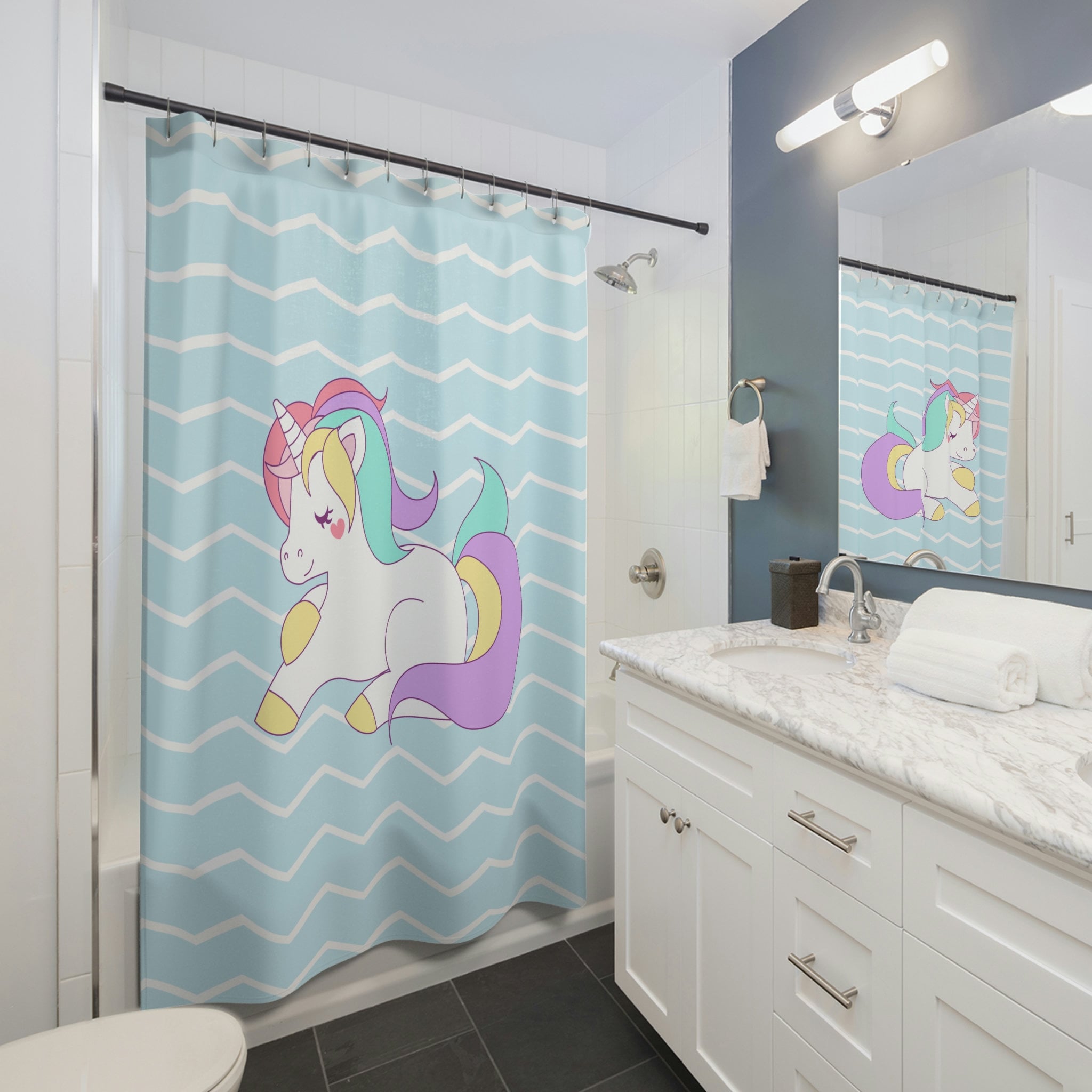 Pastel Unicorn On Light Blue Chevron Background Shower Curtain For Whimsical Bathroom Decor - Image 2
